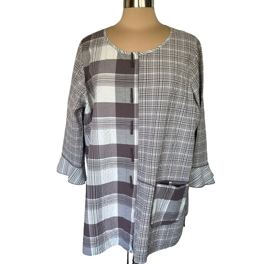 Ali Miles Mixed Plaid Seersucker Tunic Top Brown White Size 1X Artsy Lagenlook